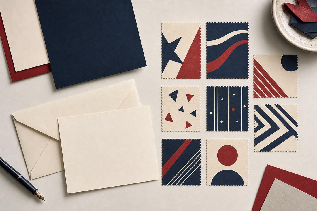 Editorial stationery flat lay in navy, cream, and red with abstract stars and stripes, blank envelopes, and unbranded paper accents.