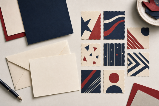 Editorial stationery flat lay in navy, cream, and red with abstract stars and stripes, blank envelopes, and unbranded paper accents.