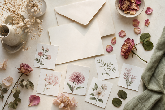 Editorial flat lay of cream envelopes, blank cards, botanical paper accents, pressed flowers, and coordinated green and blush color swatches.
