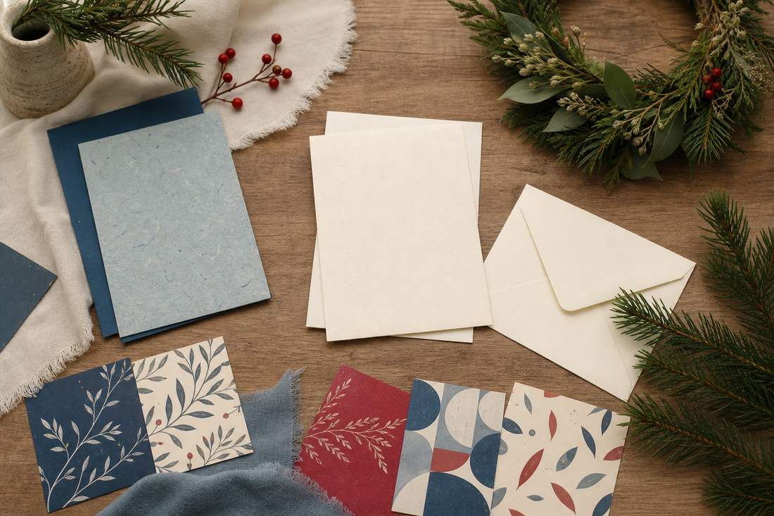 Seasonal editorial flat lay with blank cards, envelopes, evergreen sprigs, winter-blue accents, wreath shapes, and unbranded festive paper pieces.