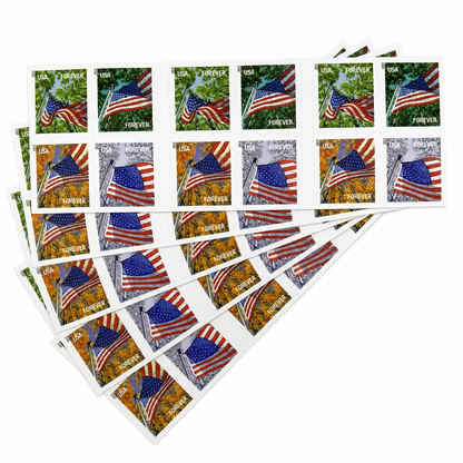 Overlapping stamp sheets featuring American flags in different seasonal scenes.