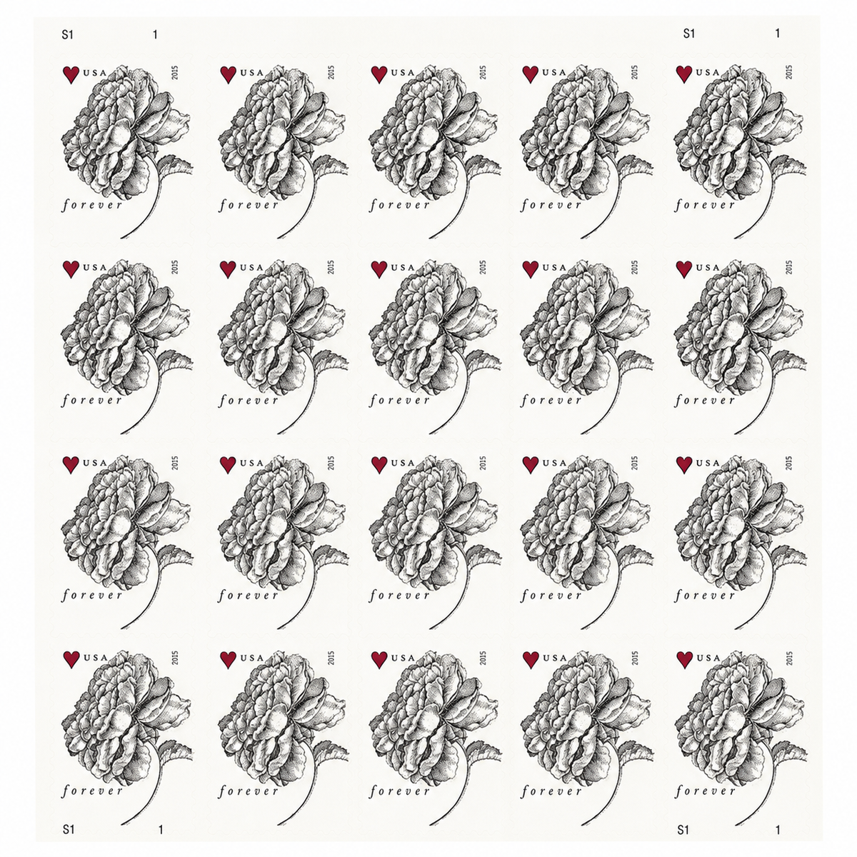 Sheet of stamps featuring black-and-white rose drawings and small red hearts.