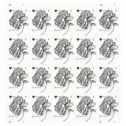 Sheet of stamps featuring black-and-white rose drawings and small red hearts.