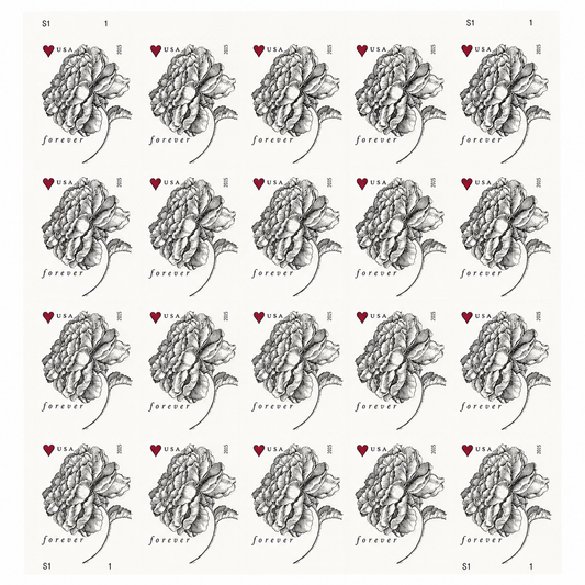 Sheet of stamps featuring black-and-white rose drawings and small red hearts.